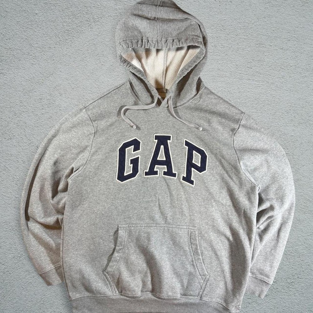 GAP Mens Y2K Gray Hoodie Blue Arched Logo Skater Sweatshirt L 28x23